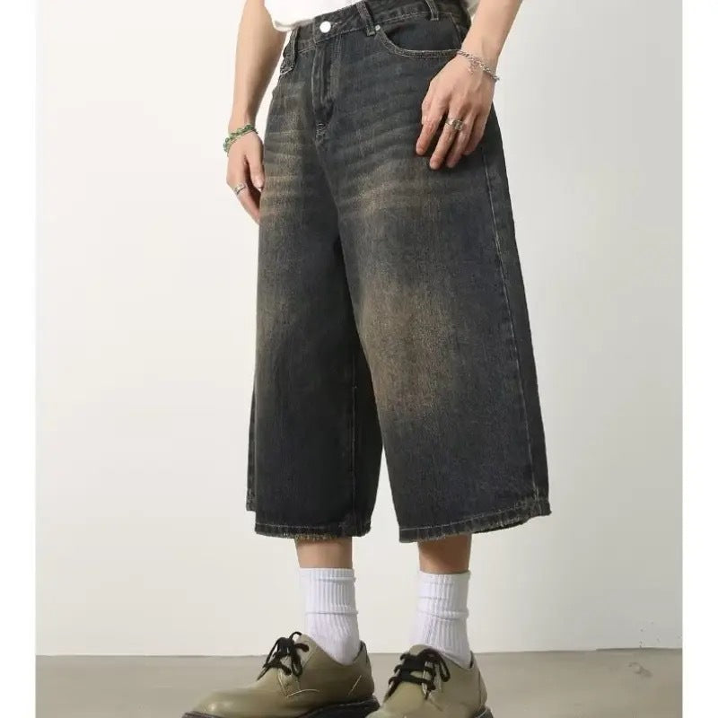 Women's wide-leg cropped jeans 2024 Summer new retro washed distressed straight-leg denim Denim middle pants American high street
