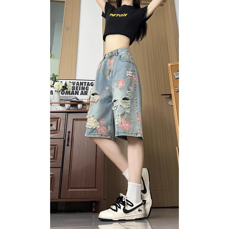 2025 new retro tattered jeans Denim shorts women's summer outdoor sports loose leisure all-matching five points short pants