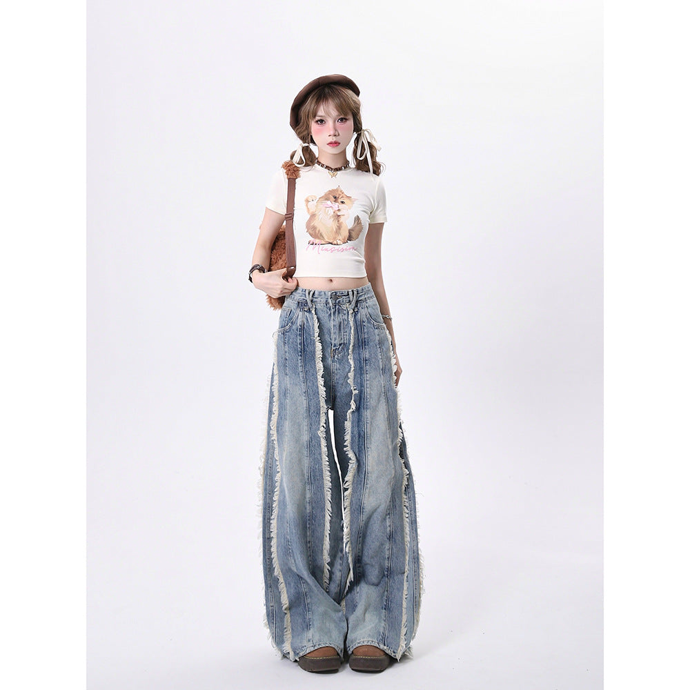 Fashion brand high street jeans Women's Spring and Autumn New frayed stitching design washed distressed straight-leg pants bf long pants