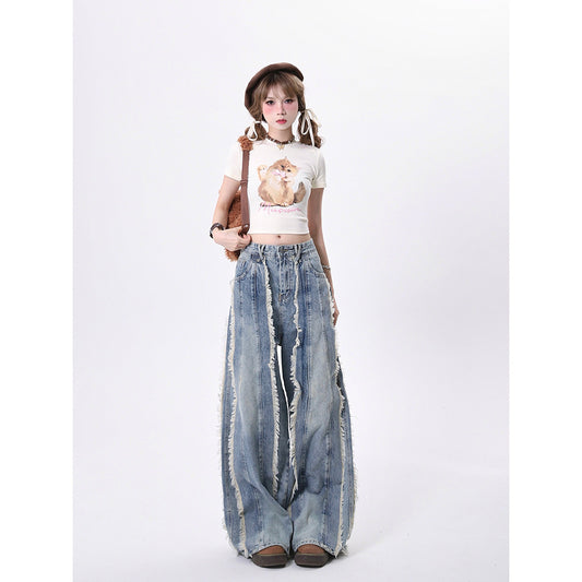 Fashion brand high street jeans Women's Spring and Autumn New frayed stitching design washed distressed straight-leg pants bf long pants