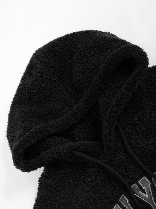 Cross-Border Men's sweater European version temu popular double-sided fluff loose letter embroidery pocket couple hooded coat