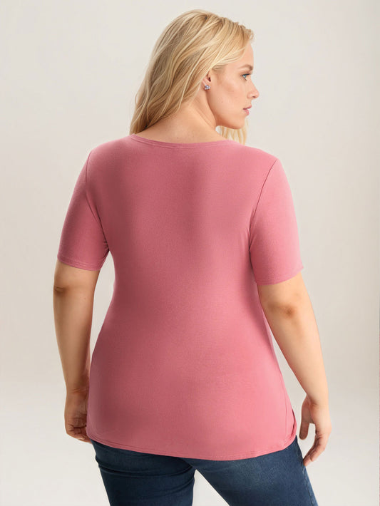 2026 New Amazon cross-border large size women's pink simple style all-match commute T-shirt figure flattering short sleeve top