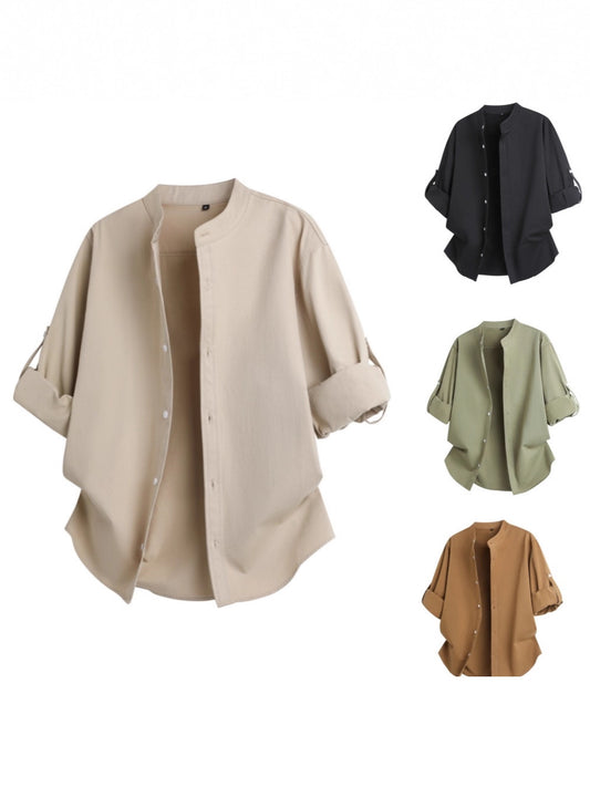 Cross-border 2026 spring and autumn stand collar long-sleeved shirt solid color commute fashion brand rolled sleeves shirt coat men's loose top