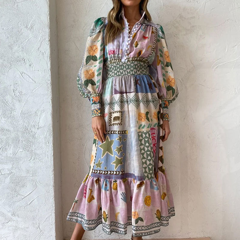 2026 spring European and American Foreign Trade women's clothing temperament commute painted print lantern long sleeve waist-tight large swing dress