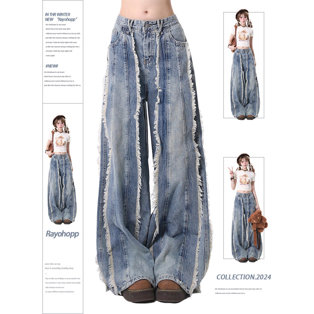 Fashion brand high street jeans Women's Spring and Autumn New frayed stitching design washed distressed straight-leg pants bf long pants