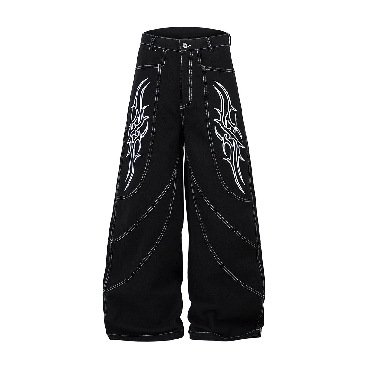 Shop 2026 High Street RO Style Flame Embroidery Jeans at USAve Merchandise. Loose wide-leg washed pants. Free shipping over $50!