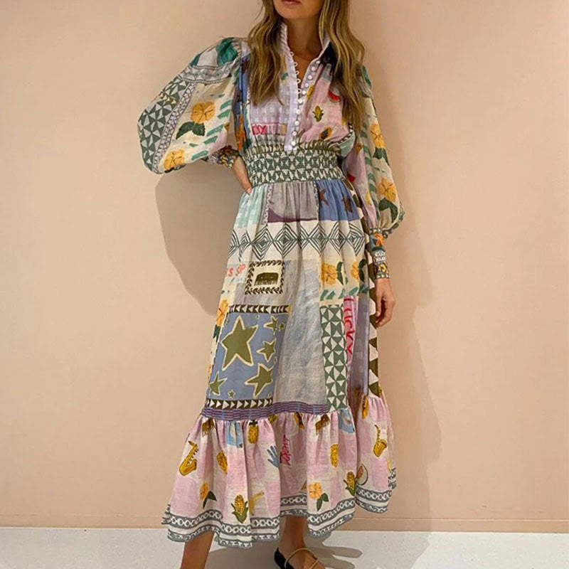 2026 spring European and American Foreign Trade women's clothing temperament commute painted print lantern long sleeve waist-tight large swing dress