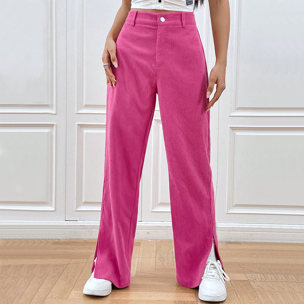 2026 Europe and America cross border corduroy casual straight pants bottom slit fashionable women's fashion clothing winter casual trousers