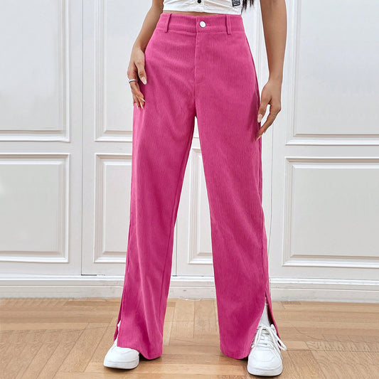 2026 Europe and America cross border corduroy casual straight pants bottom slit fashionable women's fashion clothing winter casual trousers