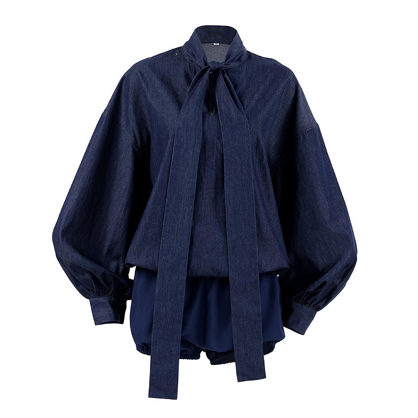 2026 Amazon cross-border foreign trade women's blue denim suit loose puff sleeves shirt and shorts two-piece set female