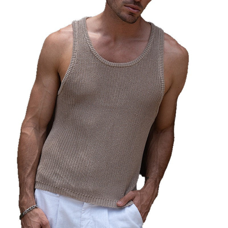2026 spring/summer Europe and America cross border new Amazon Men's sleeveless knitted crew neck casual seaside style sports vest