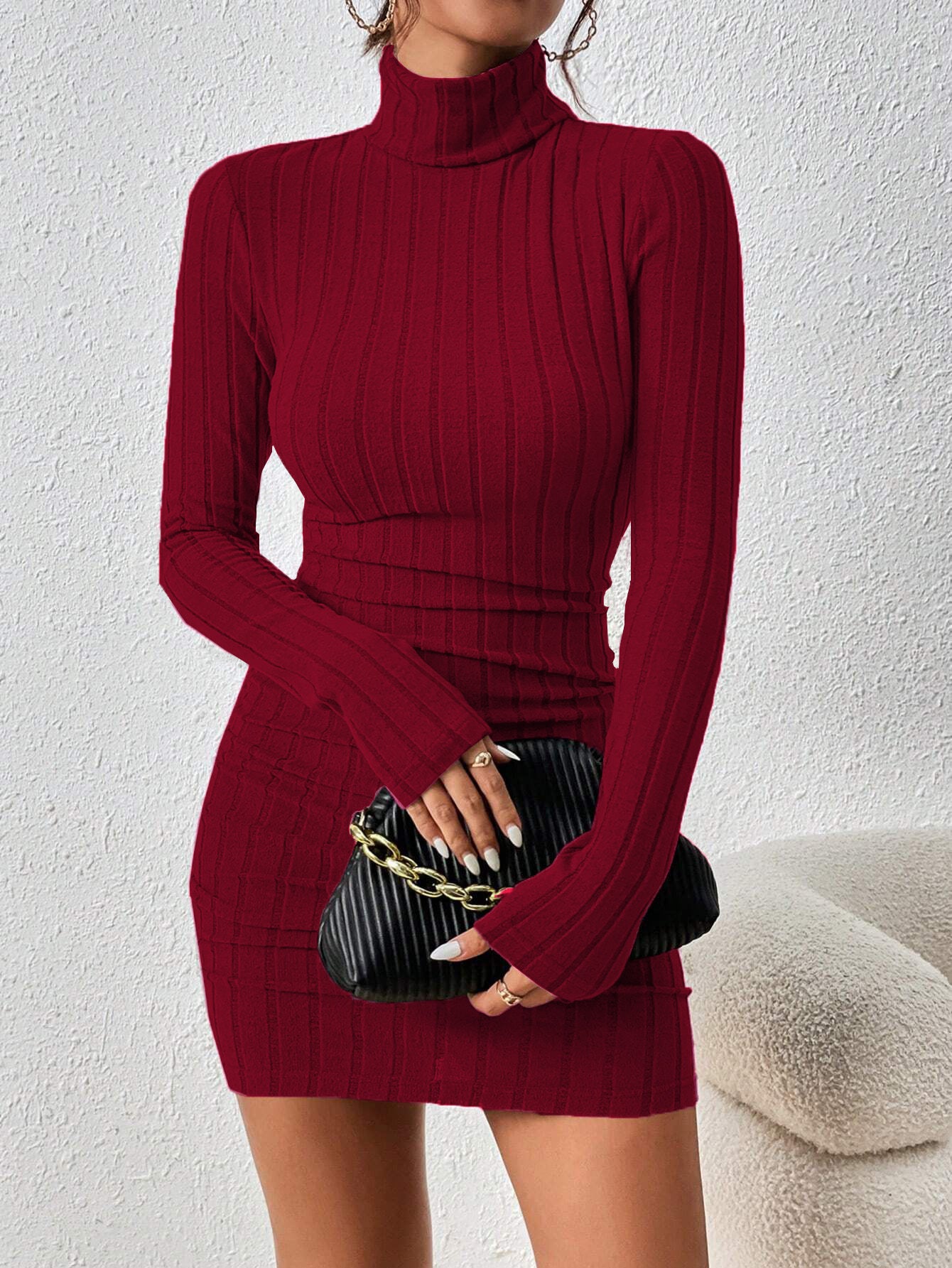 2026 Amazon cross-border women's clothing European and American adult lady like woman style wine red dress autumn and winter simplicity high-necked all-matching short skirt