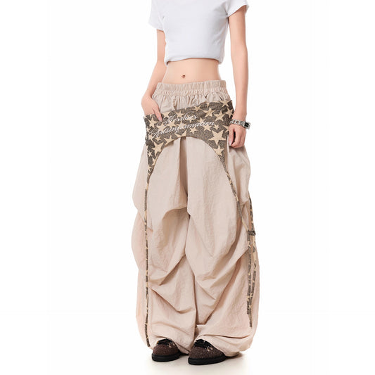 American street pleated accumulation casual pants women's summer loose fart curtain ribbon design sense wide-leg pants tide