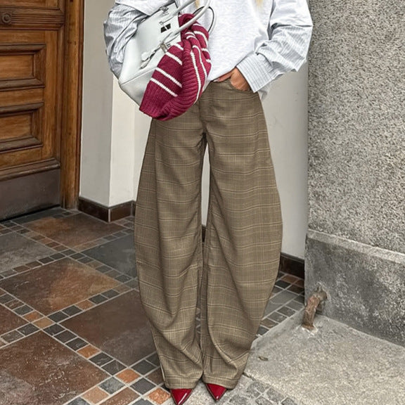 2026 spring cross-border new arrival niche design American Plaid Matchet pants women's casual loose slimming casual pants