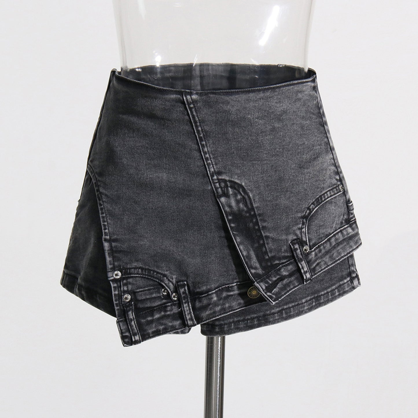 Fashion Street hot girl denim skirted leggings 2026 New irregular waist head reversal high waist wash fake two-piece shorts