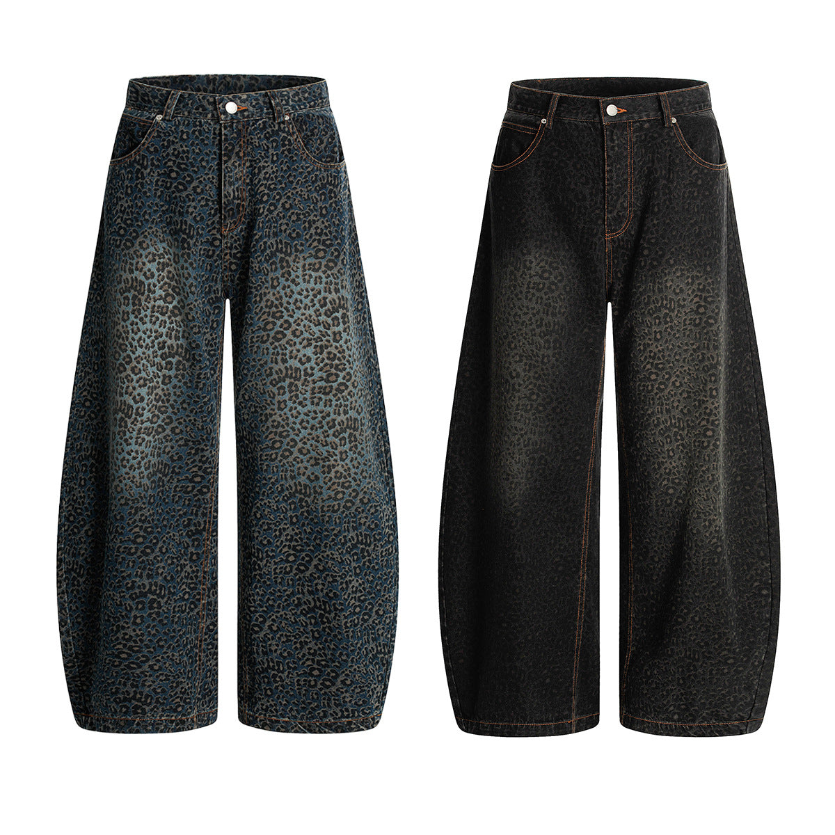 Jiayiku fashion brand 2026 new European and American high street vibe leopard print Ruan Shuai machete jeans men's RO fashion wide-leg pants