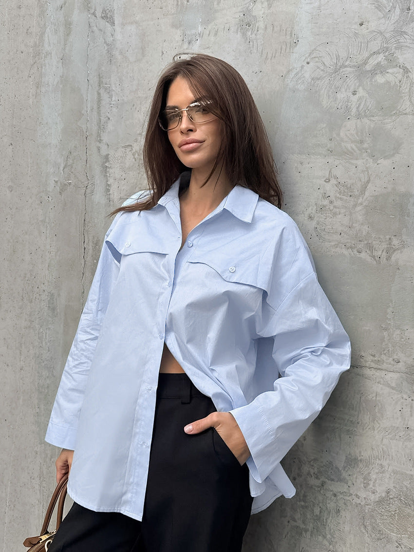 2026 European and American style cross-border new arrival cotton back slit long sleeve lapel shirt Women's temperament commute all-matching top