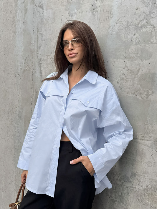 2026 European and American style cross-border new arrival cotton back slit long sleeve lapel shirt Women's temperament commute all-matching top