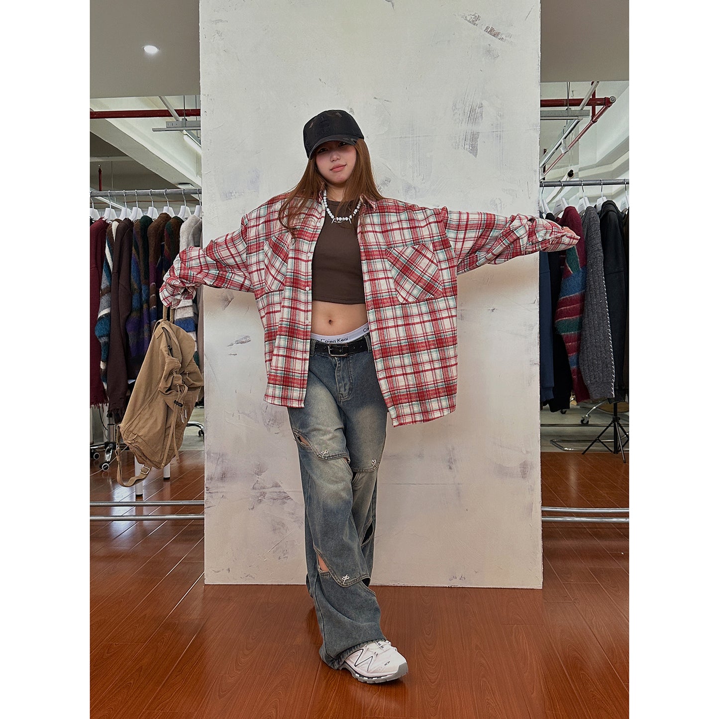 Women's American-style retro plaid shirt spring and autumn fashion brand loose leisure all-matching couple shirt coat