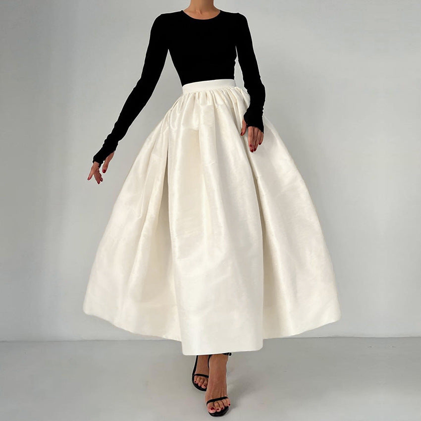 2026 spring cross-border wholesale atmosphere solid color satin large swing skirt female sweet loose temperament A- line skirt