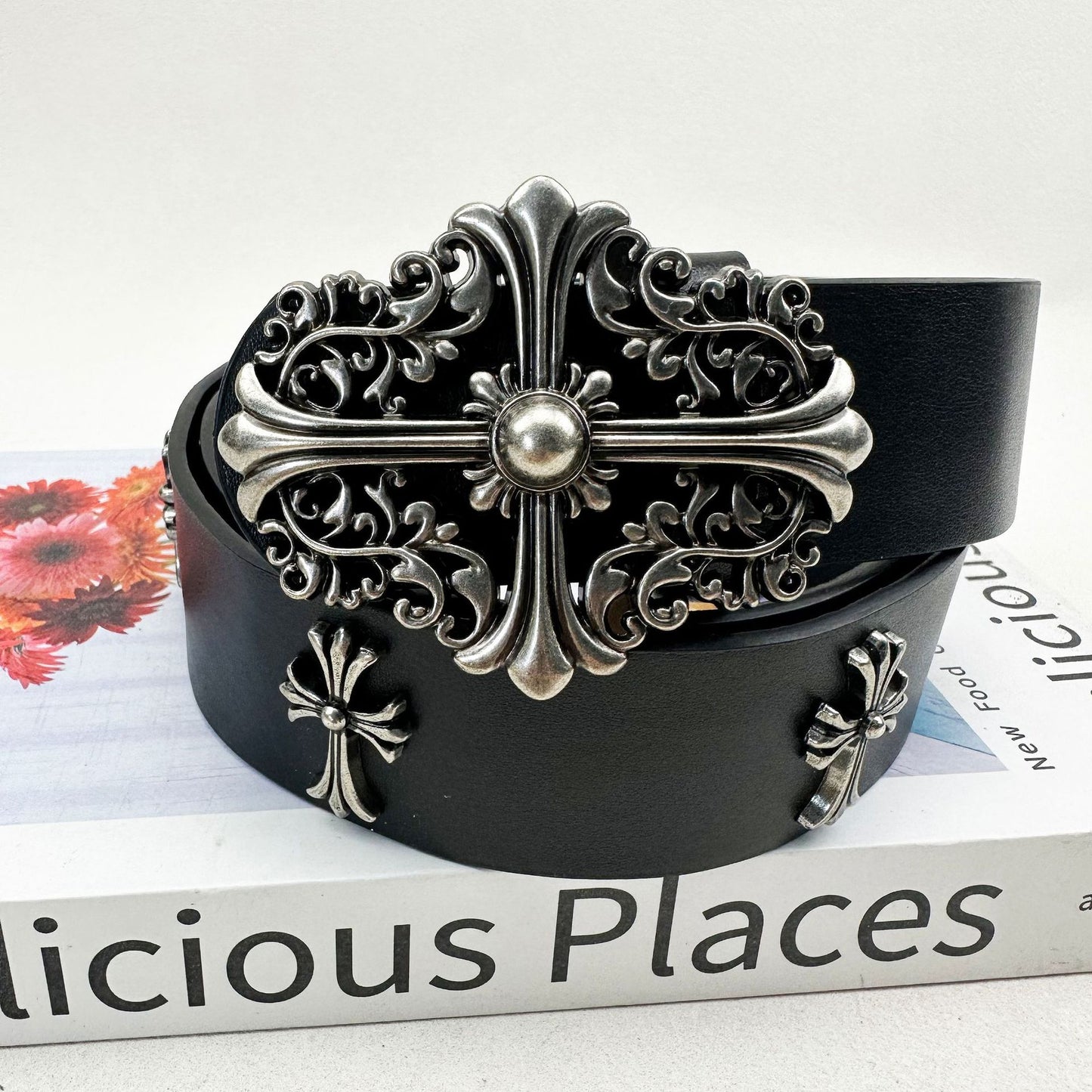 Sword cross belt croch classic Vine star style men's rivet embossed pant belt vintage belt women