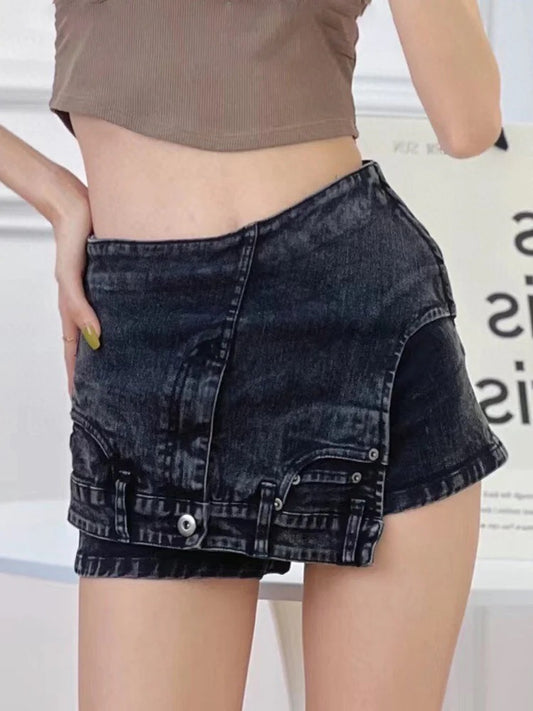 Fashion Street hot girl denim skirted leggings 2026 New irregular waist head reversal high waist wash fake two-piece shorts
