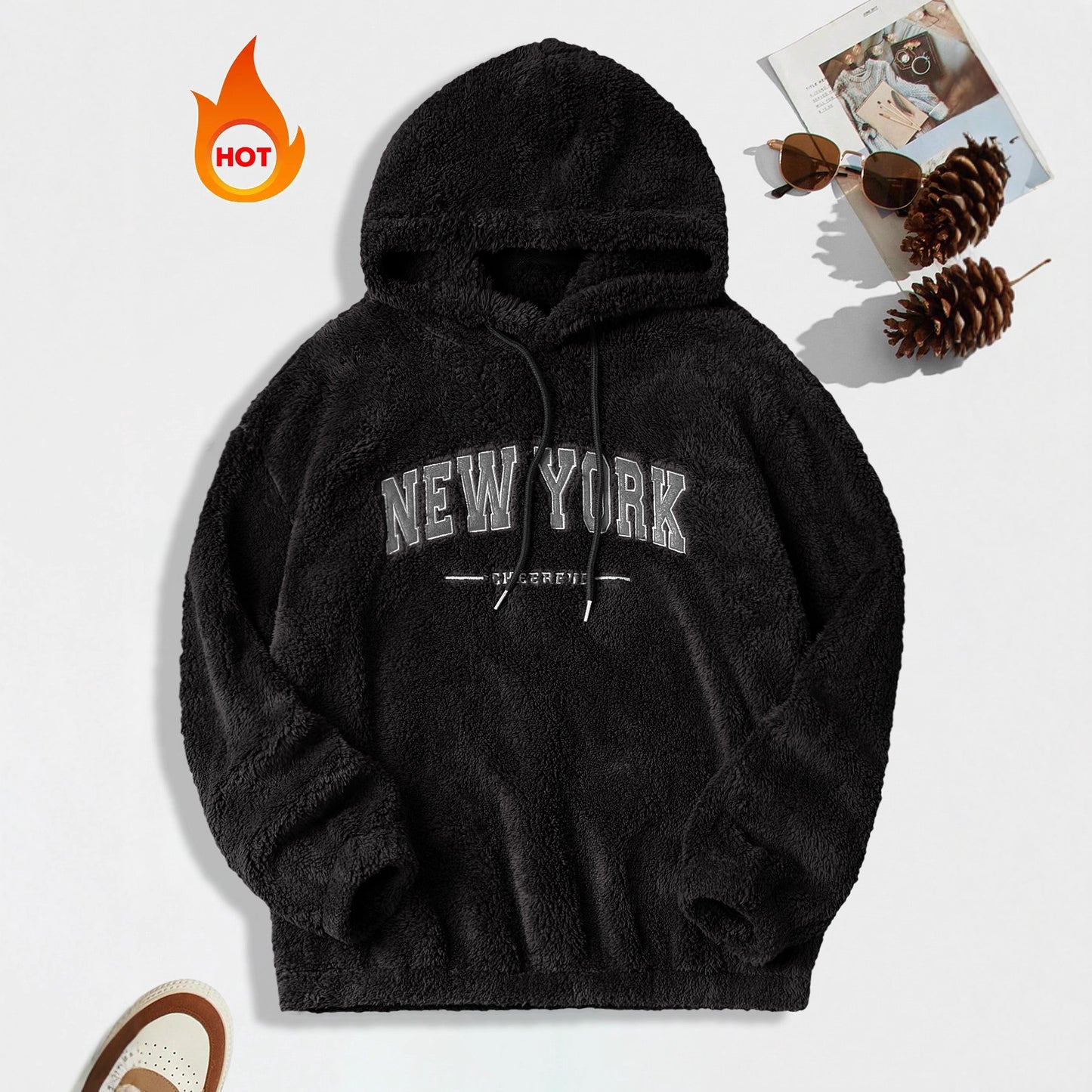 Cross-Border Men's sweater European version temu popular double-sided fluff loose letter embroidery pocket couple hooded coat