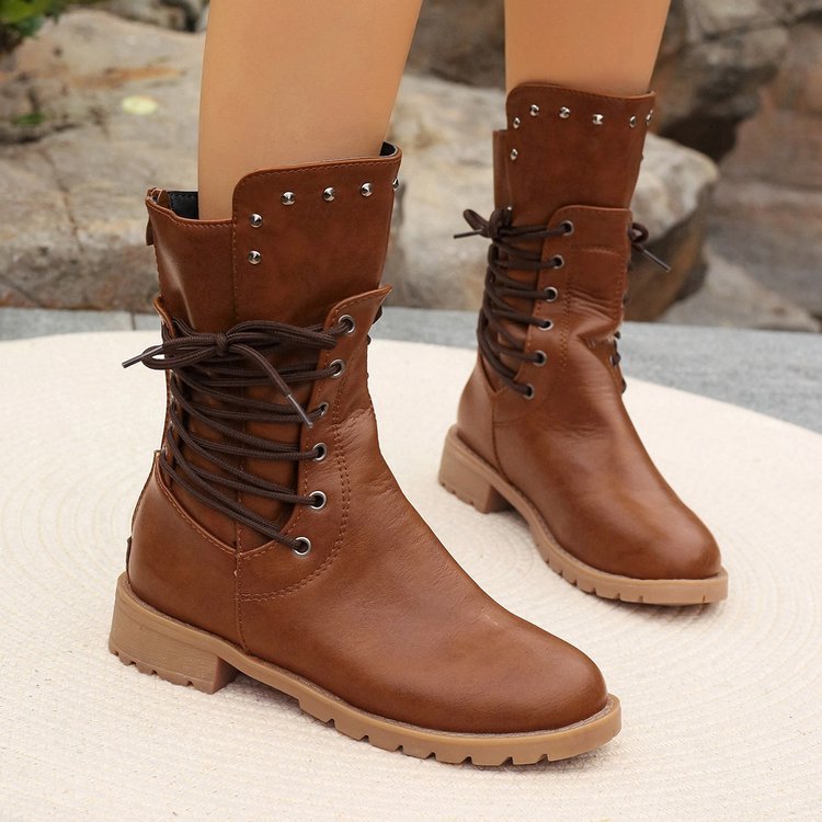 Cross-border large size boots women's autumn and winter new motorcycle boots European and American style lace-up retro style rivet Knight boots women