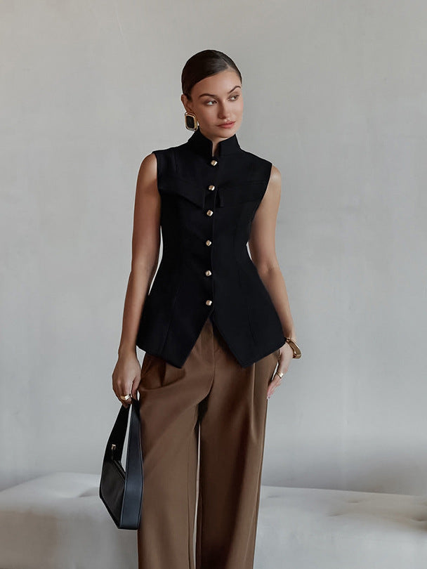Europe and America cross border women's clothing 2026 spring and summer new stand collar breasted sleeveless waist split temperament top vest vest