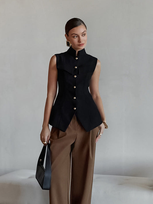 Europe and America cross border women's clothing 2026 spring and summer new stand collar breasted sleeveless waist split temperament top vest vest