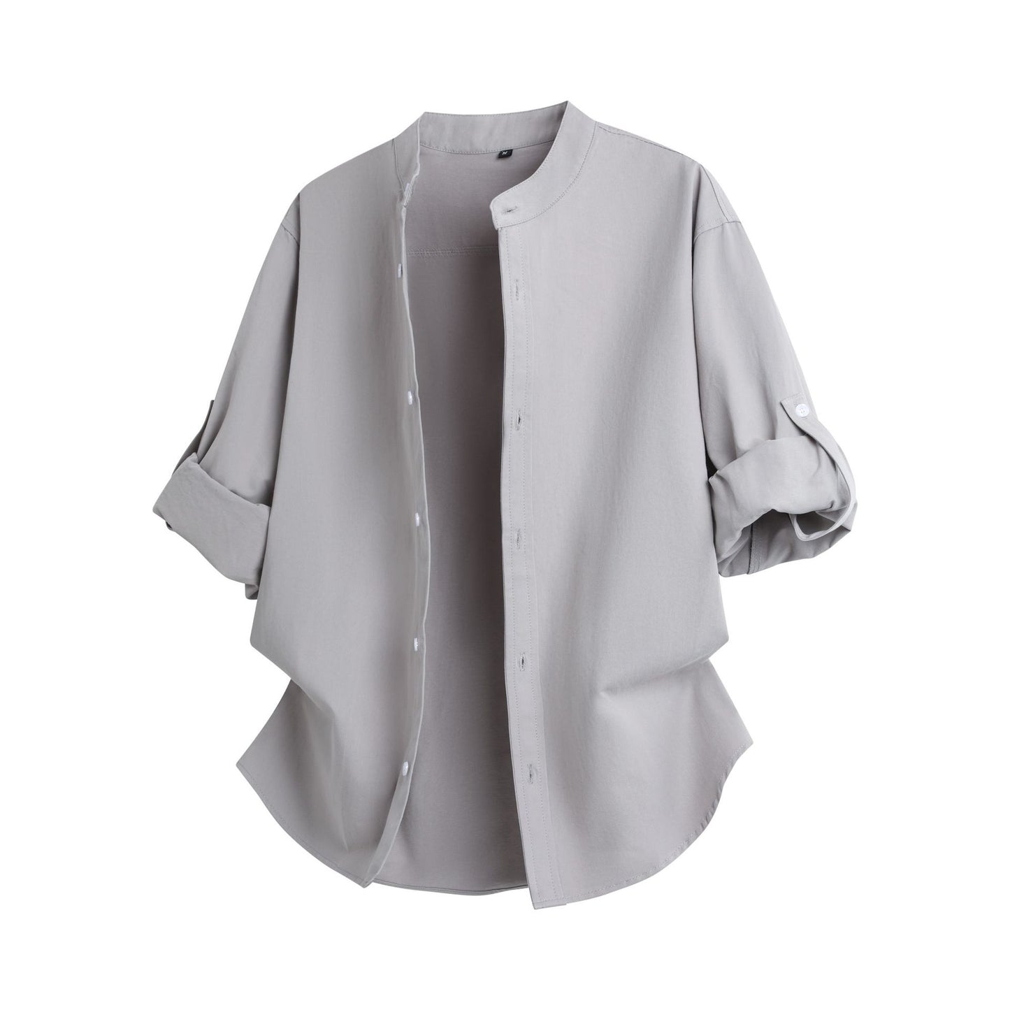 Cross-border 2026 spring and autumn stand collar long-sleeved shirt solid color commute fashion brand rolled sleeves shirt coat men's loose top