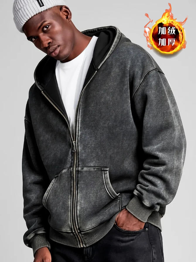 2026 autumn and winter fleece-lined thickened hooded cardigan sweater men's loose all-match retro couple original design top