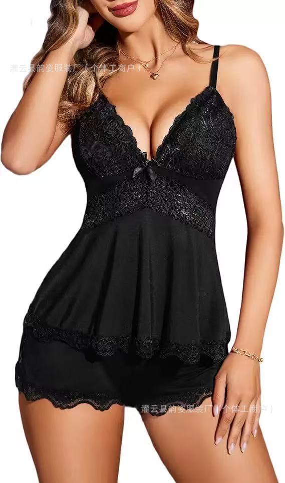 Cross-border Women's lace suspender shorts pajamas set sexy lingerie home wear autumn winter sexy lingerie women's wholesale