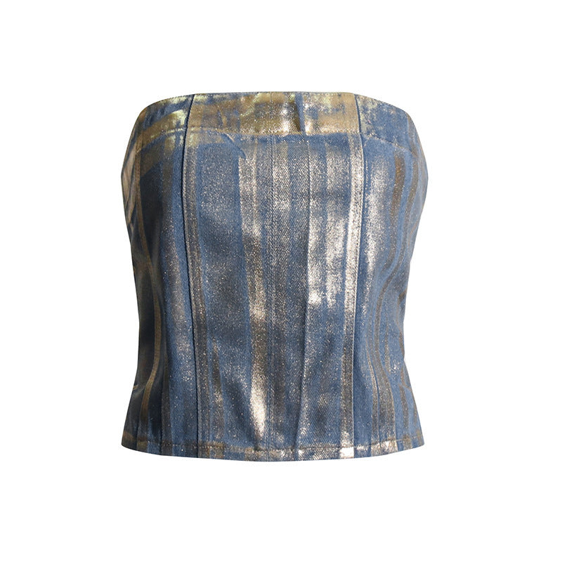 European and American sexy hot girl tube top 2026 spring new fashion trendy vintage bronzing denim tube top women's clothing