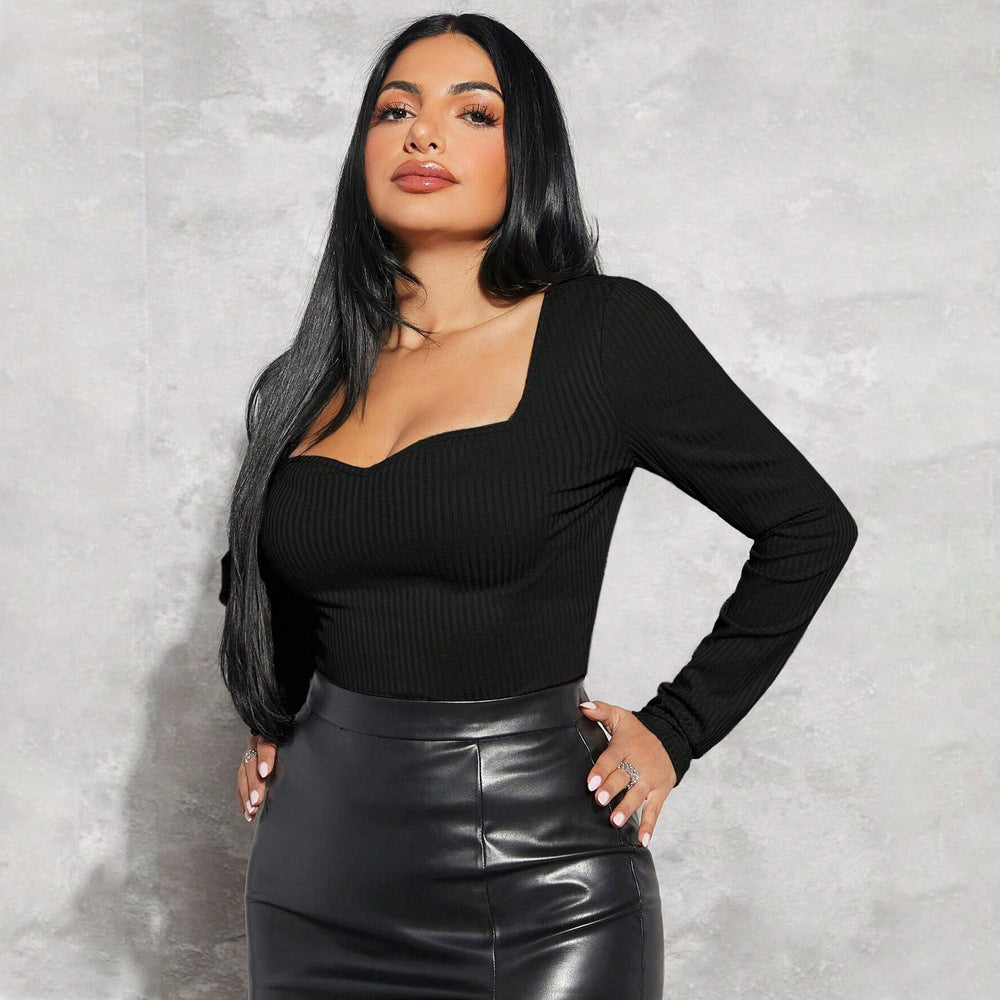 2026 Amazon cross-border large size women's clothing simple square neck T-shirt autumn and winter European and American slim fit slimming bottoming top
