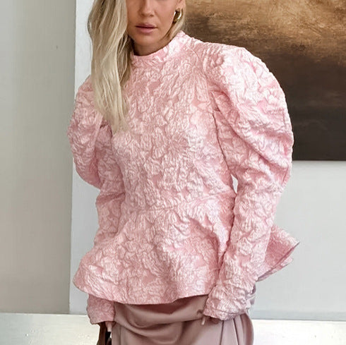 European and American autumn and winter French style vintage court style stand collar puff sleeve waist slimming convex Jacquard commuter's all-matching top for women