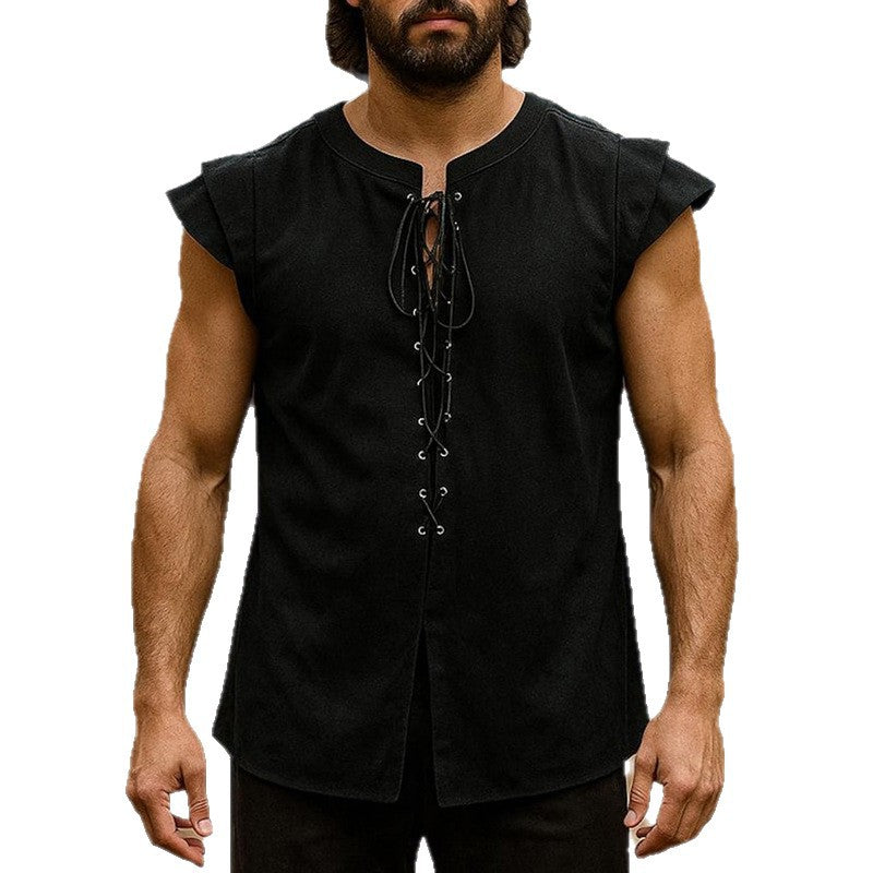 2026 Amazon new spring and summer retro crew neck lace-up shirt flying sleeves top hot sale in Europe and America men's clothing