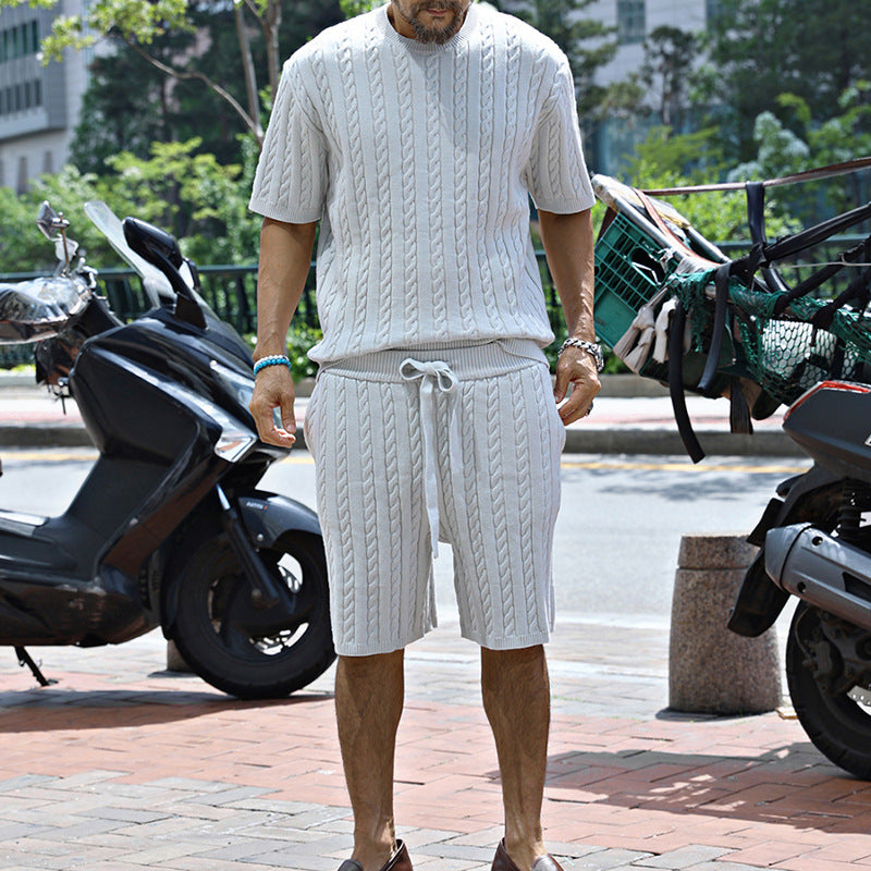 Cross-border European and American 2026 spring and summer new men's round neck knitted short-sleeved shirt loose shorts men's suit