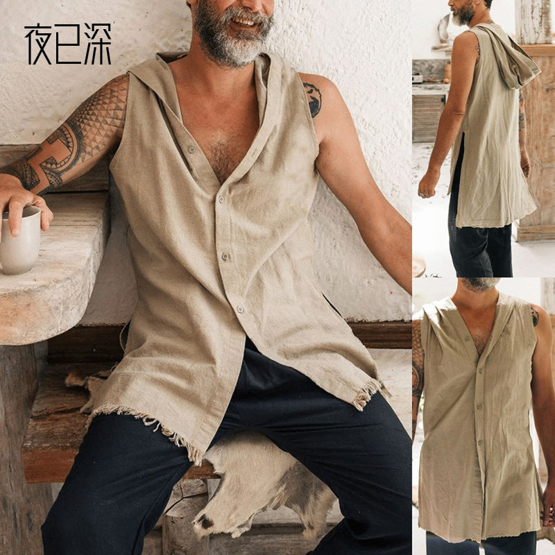 2026 sleeveless hooded vest men's multi-color waistcoat cotton linen washed vest casual men's clothing foreign trade Wholesale