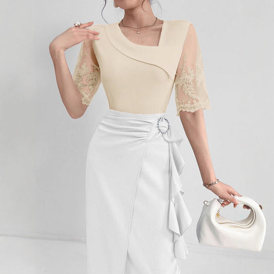 2026 new cross-border European and American ladies fashion elegant asymmetric neckline mesh patchwork short sleeve fashion T-shirt