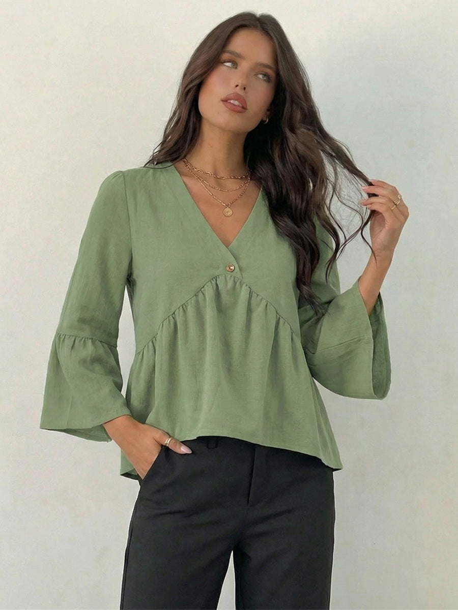 Cross-border European and American retro V-neck shirt 2026 New Amazon independent station Foreign Trade women's clothing shirt pullover top