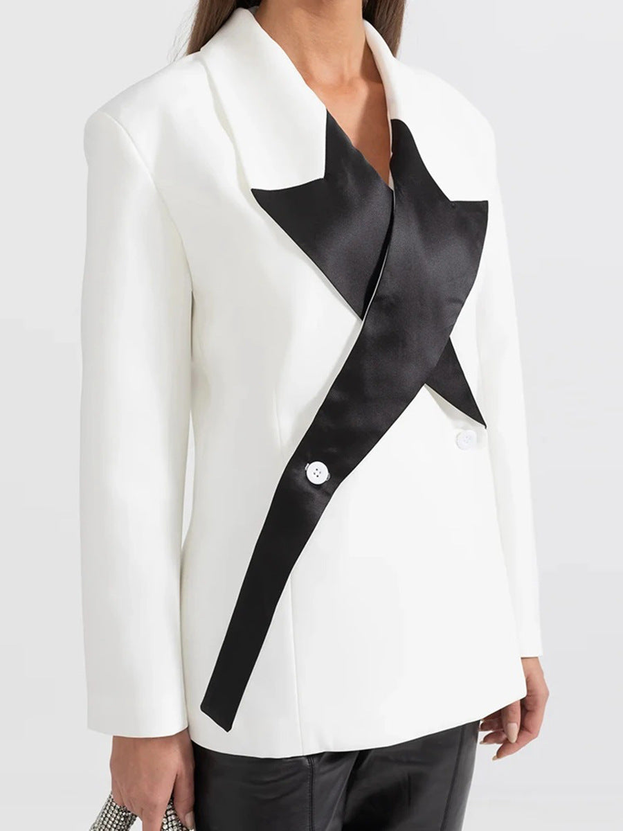 Personalized fashion loose suit women's 2026 spring new polo collar five-pointed star black and white color contrast patchwork suit jacket