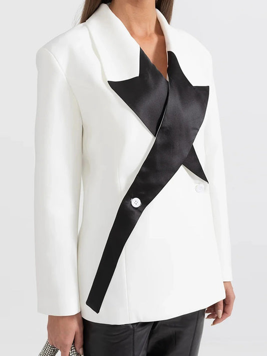 Personalized fashion loose suit women's 2026 spring new polo collar five-pointed star black and white color contrast patchwork suit jacket