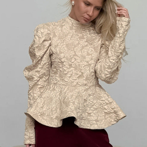 European and American autumn and winter French style vintage court style stand collar puff sleeve waist slimming convex Jacquard commuter's all-matching top for women