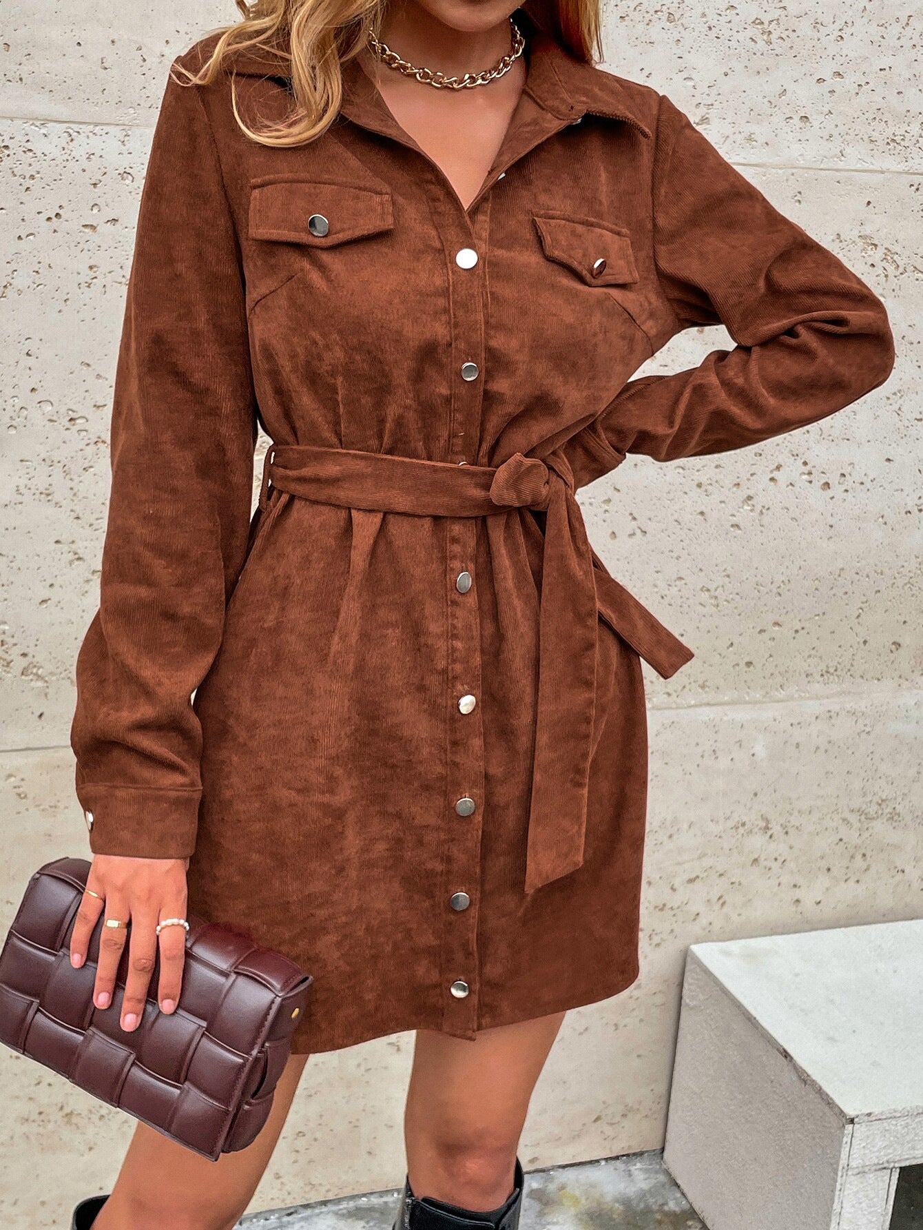 2026 autumn and winter new cross-border European and American women's clothing breasted belt loose leisure corduroy long sleeve shirt dress