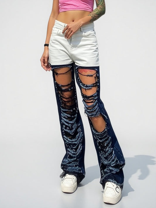 Retro contrast color street fashion style 2026 spring and summer new versatile personality ripped hollow-out straight jeans for women