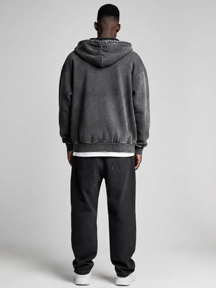 2026 autumn and winter fleece-lined thickened hooded cardigan sweater men's loose all-match retro couple original design top