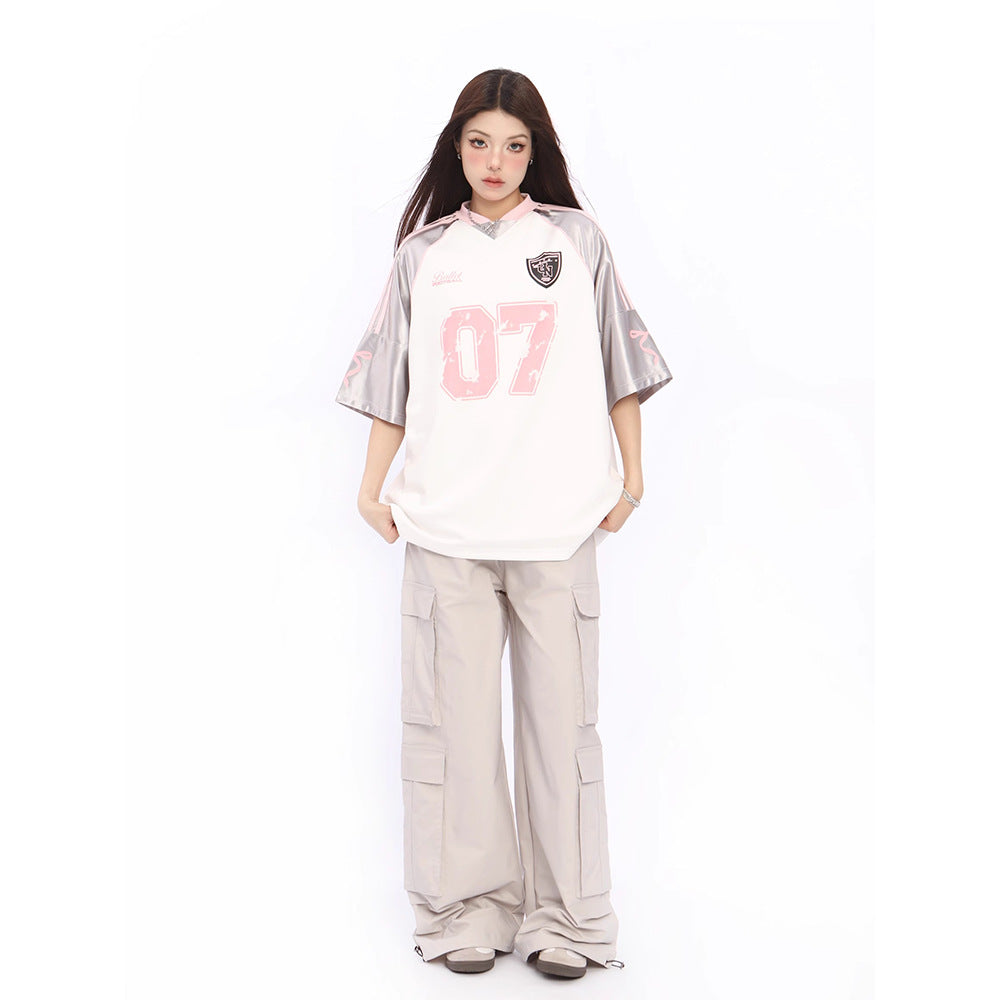 Niche blokette Raglan patchwork short-sleeved T-shirt women's 2025 summer new American v-neck sports jersey top