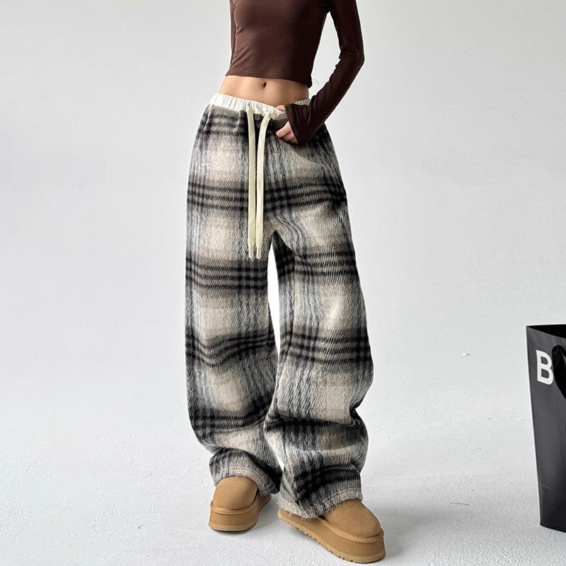 Fleece-lined thick wool plaid pants women's autumn and winter New straight casual high waist loose and idle mop pants