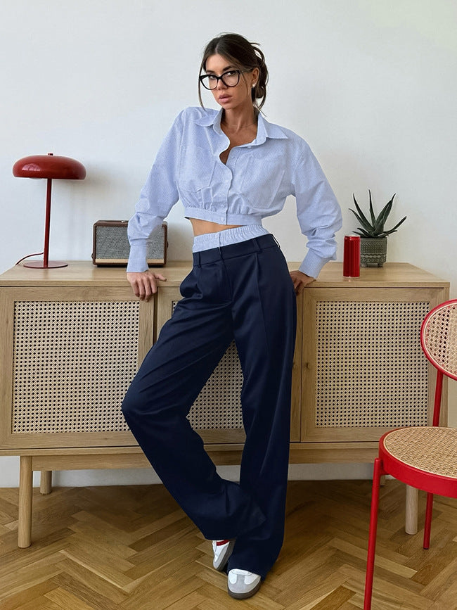 American design blue plaid suit women's 2026 spring cross-border short shirt navy blue suit pants two-piece set